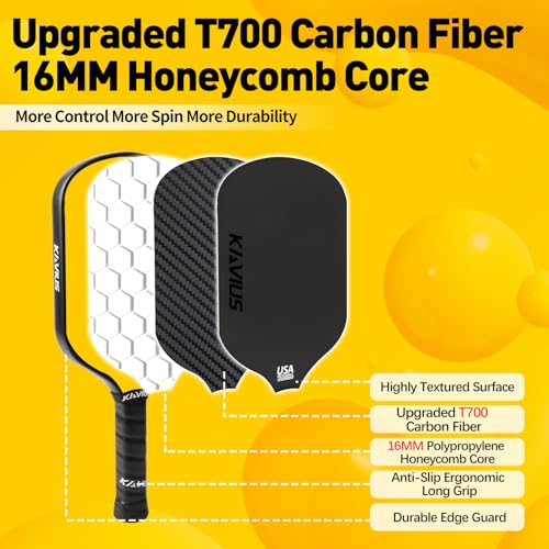 KAVIUS T700 Carbon Fiber Pickleball Paddle Honeycomb Core 16mm Pickleball Paddle Pro Pickle Ball Paddles Advanced Players with Cover USAPA Approved Pickle Ball Rackets Long Handled