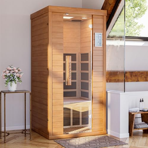 Saunapro 1- Person Infrared Sauna, Remotely Controllable Indoor Sauna, Low EMF 1200W/120V LCD Heater, WiFi & BT Control, 9-Color Light Therapy, Safe Flame-Retardant Material, Wood