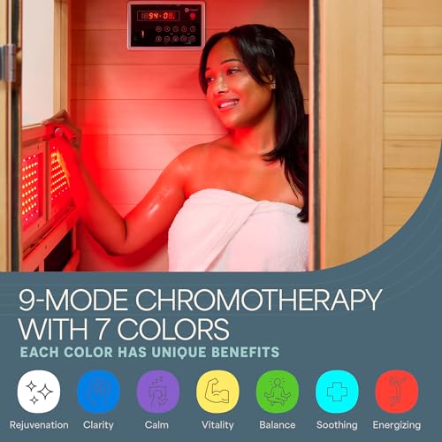 LifePro Rejuvacure Cozy Far Infrared Sauna with Red Light Therapy – 1 Person Home Sauna, 7 Carbon Fiber Heaters, Canadian Hemlock, Bluetooth & Chromotherapy – Indoor Relaxation & Wellness