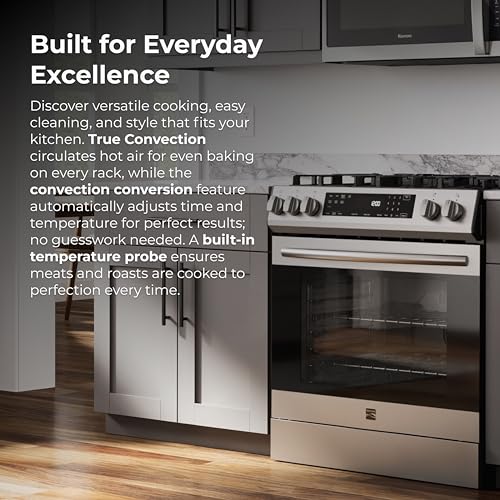 Kenmore 5.6 cu. ft. Front Control Gas Range Oven with 5 Cooktop Burners - True Convection, Air Fry, Turbo Boil, Self Clean, Dishwasher Safe Grates, Three Chrome Racks, LP Kit - Stainless Steel