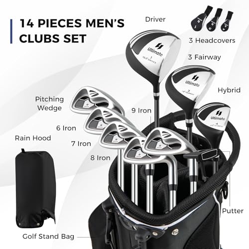 ULTIMATE Men's Golf Club Set, Complete Golf Club Package Set w/ #1 Driver,#3 Fairway Wood w/Headcover,#4 Hybrid,#6/#7/#8/#9 Irons, Pitching Wedge, Putter (Dark w/Bag)