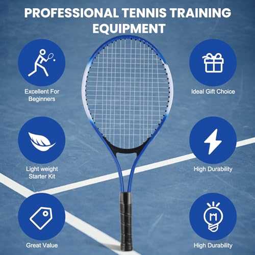 Kids Tennis Rackets Training Set - 7-in-1 Youth Tennis Racket Set, 2 pcs 19″ Rackets,1Tennis Trainer & 2Rebound Balls&1tennis Ball,Tennis Racquet Set for Beginners & Family Activities (Blue)