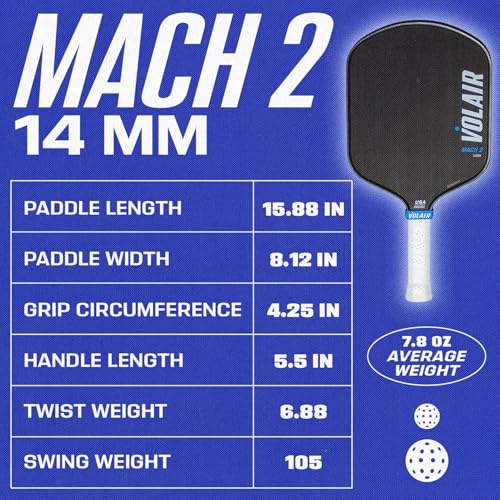 Volair Mach 2 Pickleball Paddle - 8.125" Wide - Spin, Control and Power - Carbon Fiber Surface - Polypropylene Honeycomb - USAP Approved - 14mm and 16mm Options (14mm)