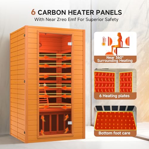 springspa Far Infrared Sauna for Home, Home Infrared Saunas up to 2 Person, Indoor Canadian Hemlock Wood Sauna Room with Near Zero Emf, 9 Chromo Therapy Lights, Bluetooth Speakers for Personal Spa