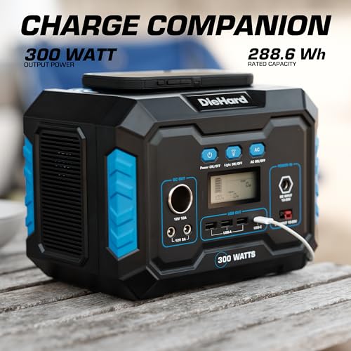 DieHard Portable Power Station 300-Watt (600-Watt Peak) 288.6Wh - Solar Generator (Solar Panel Optional), for Home Backup, Weather Emergencies, Outdoor Recreation, Jobsite and more