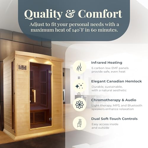 Dynamic Saunas 2-Person Low EMF FAR Infrared Sauna with Chromotherapy Lighting and Speakers, Maxxus Toulouse - Personal Indoor Dry Heat Sauna for Home & Gym – Made from Canadian Hemlock