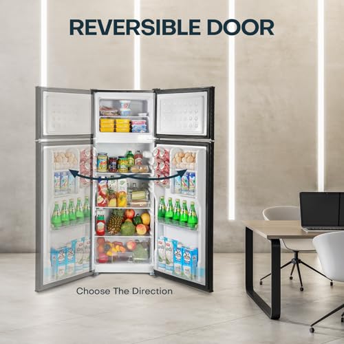 Upstreman 7.7 Cu.Ft. Refrigerator with Freezer, Double Door Fridge, Adjustable Thermostat, Large Capacity, Reversible Door Swing, Refrigerator for Apartment, Office, Dorm, Black（BD75）