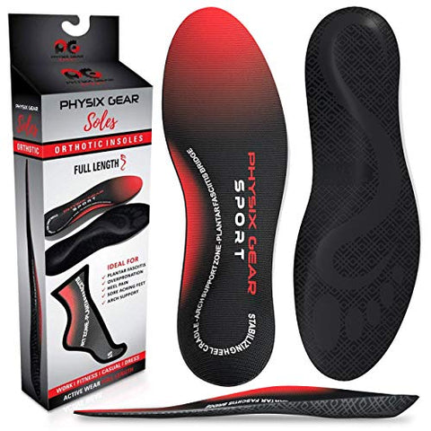 Physix Gear Orthotic Insoles for Men & Women - Arch Support Orthotics Insole, Orthopedic Insoles, Inserts for Men & Women, Foot Insoles for Plantar Fasciitis Comfort, Shoe Insert, Feet, Red/Black, S