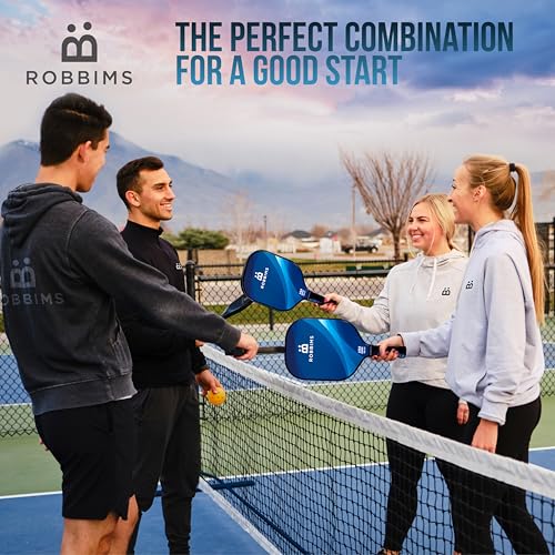 Pickleball Set with Net | 4 USA Pickleball Approved Carbon Fiber Paddles, Portable Regulation Size Net Set, 8 Outdoor Balls, Duffle Bag & Carry Bag - ROBBIMS