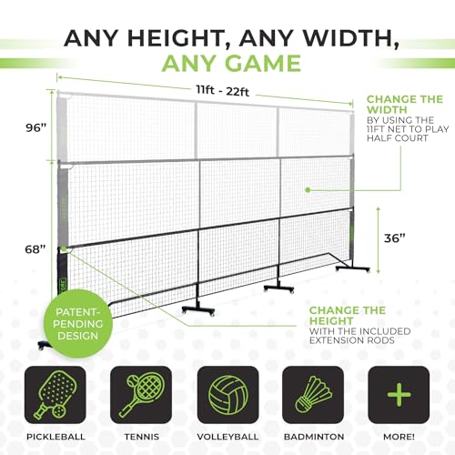 6 in 1 - Multi Sport Net - Pickleball Net, Badminton Net, Tennis Net, Outdoor Volleyball Net for Backyard - Regulation Size 22ft & Half Court 11ft - Patented Portable Pickleball Net & Driveway Nets