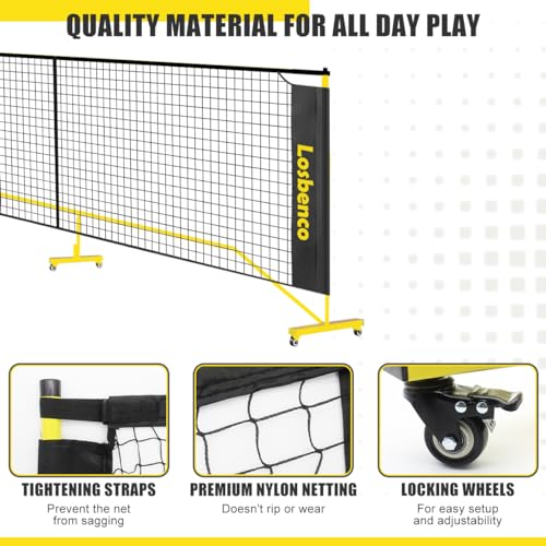 Losbenco Portable Pickleball Net with Wheels - 6-in-1 Adjustable Height Metal Frame Mesh, Standard Size 22FT, Pickleball, Tennis, Volleyball, Football Backyard Outdoor Game Net for Adults and Kids