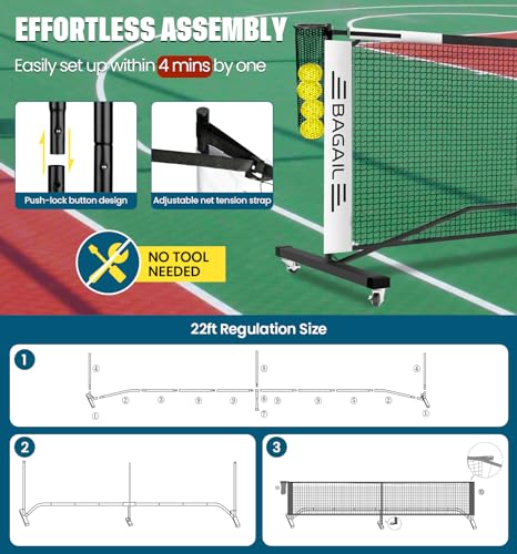 BAGAIL Portable Pickleball Net Set with Wheels, 22 FT Regulation Size & 11 FT Half Court Size 2-in-1 Pickle Ball Net with Ball Collector, Carry Bag, Easy Setup for Outdoor Indoor Driveway - White