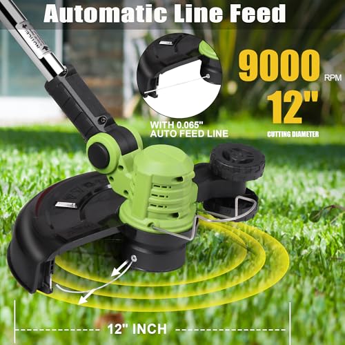 Cordless Weed Wacker Electric Weed Eater 12" 20V String Trimmer Battery Operated with 8 Pcs Spool Trimmer Lines and 1 Spool Cap 2.0Ah Batteries Fast Charger