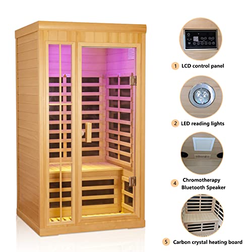 Kanlanth 1-2 Person Infrared Sauna, Hemlock Wood Low EMF Far Infrared Saunas for Home, APP Control 1350w Indoor Personal Sauna Room with Blue-Tooth, 7 Color Therapy Light, 7 Heating Panels