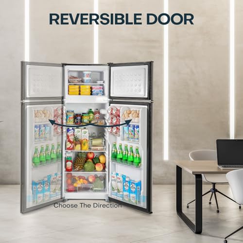 Upstreman 7.7 Cu.Ft. Refrigerator with Freezer, Double Door, Adjustable Thermostat, Large Capacity, Reversible Door Swing, Refrigerator for Apartment, Office, Dorm, Stainless (BD75)