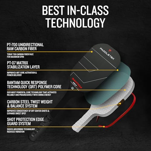 Paddletek Bantam ESQ-C 14.3mm Pickleball Paddle with Polymer Honeycomb Core - Unidirectional RAW Carbon Fiber Pickleball Paddle – Torsional Weighting & Performance Grip - USAPA Approved - 5.5" Handle