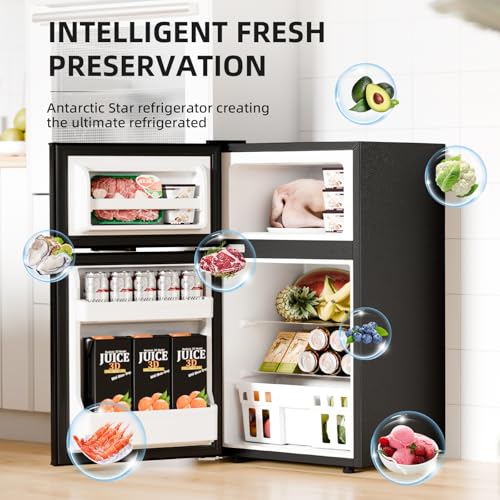 Antarctic Star Compact Refrigerator with Freezer,2 Door Mini Fridge,Adjustable Shelf,Small Fridge for Bedroom Office Dorm Kitchen,3.2 Cu.Ft.BLACK