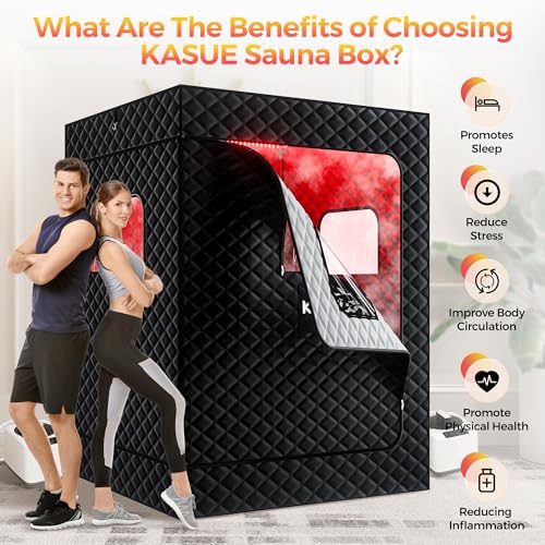 KASUE Upgraded 2 Person Sauna Box, Portable Infrared Sauna with 5-Layer Waterproof, 2 Steamers, 2 Folding Chair, 71”x 36”x 49” for Indoor, Outdoor, Gym, Spa, Carbon Black