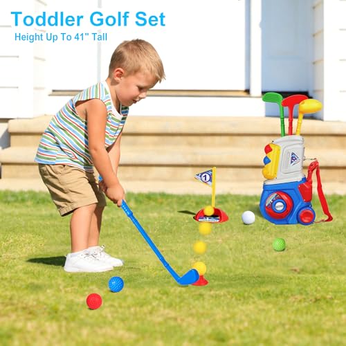 LPFG Toddler Golf Set, Kids Golf Set for Ages 1 2 3 4 5 Years Old Boys Girls with 4 Plastic Golf Clubs 10 Balls, Indoor Outdoor Baby Toddler Golf Clubs Set Toy with Cart Birthday Gifts Blue