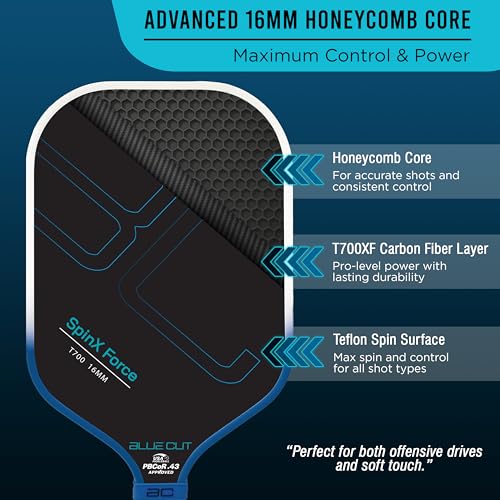 Blue Cut Pickleball Paddle – USAPA Approved Pickleball Paddles Racket with T700 Carbon Fiber, 16mm Honeycomb Core, Spin Surface, Pro Power Speed & Control – Includes Carry Bag