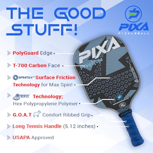 PIXA Phantom T-700 RAW Carbon FACE Pickleball Paddle; 20mm; Intermediate/Advanced; MAX Power, Control, and Spin; 5.12 INCH Handle; Great Gift!