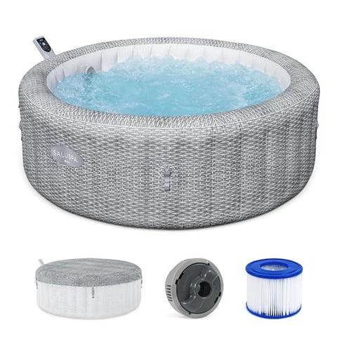 Bestway SaluSpa Bali Smart AirJet Inflatable Hot Tub Round Portable 4 to 6 Person Spa with 140 AirJets, App Control and EnergySense Cover, Grey Rattan