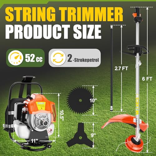 Weed Wacker Gas Powered, 2-Stroke 3 in 1 Gas Brush Cutter with Rubber Handle & Shoulder Strap,Gas Weed Eater Trimmer for Yard, Garden (52CC)