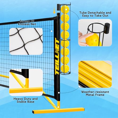 TEILLNET Pickleball Set with Net & Metal Ball Holder - Portable 22FT Regulation Size Net, 4 Wooden Paddles, 4 Balls and Carry Bag, Weather-Resistant Metal Frame, Perfect for Outdoor Indoor Driveway