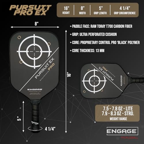 Engage Pursuit Pro EX Pickleball Paddle – Widebody Shape, Raw Carbon Fiber Face, 13mm Control Pro “Black” Core, Vortex Barrier Edge Technology Limits Vibration – Standard Weight