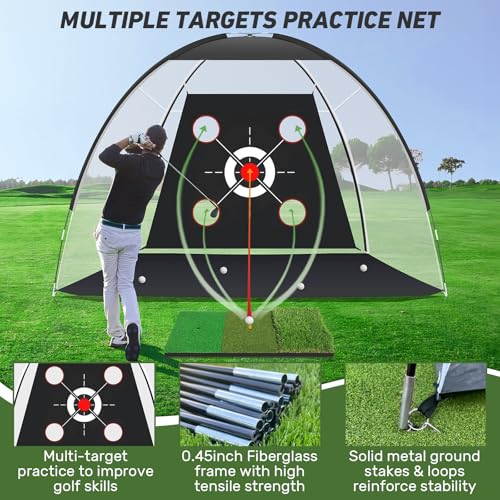 KLAODOT Golf Net with Practice Mat,Golf Hitting Aid Nets 10x7FT for Backyard Driving Chipping Training Swing with Target Mat Balls for Outdoor Indoor，Gifts for Men Dad Him and Golfer