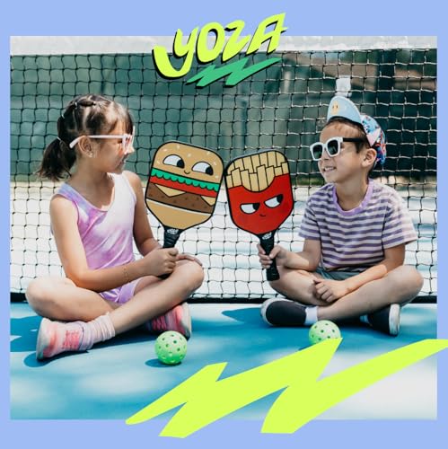 Kids Pickleball Paddle Set of 2 - Burger & French Fries Pickleball Paddles with 2 Balls, Lightweight, Fiberglass, Better Control, Beginner Racket, Perfect Pickleball Gift for Children Ages 4-12, Yoza