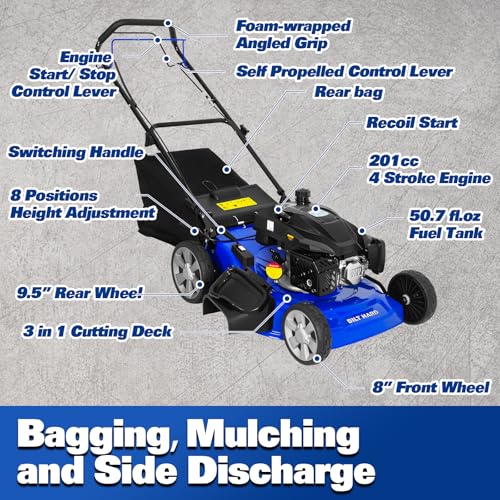 BILT HARD 21 Inch Self Propelled Gas Lawn Mower, 201cc 4-Cycle OHV Engine, 3-in-1 Functions (Bagging, Mulching and Side Discharge) with 8-Positions Adjustable Cutting Height, Easy Start