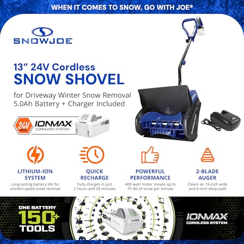 Snow Joe 24V Cordless Electric Shovel Kit w/ 5Ah Battery & Charger, 13″ Clearing Width, 400W Motor – Portable, Lightweight, Heavy-Duty Ice Removal for Deck, Patio, Driveway & Sidewalk, 24V-SS13-XR