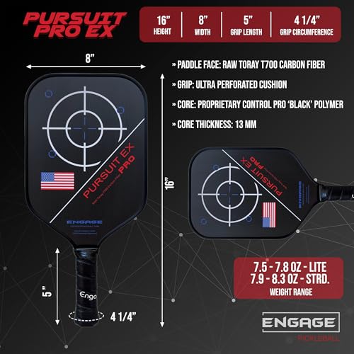 Engage Pursuit Pro EX Pickleball Paddle – Widebody Shape, Carbon Fiber Face, 13mm Control Pro “Black” Core (Red White Blue, Standard (7.9-8.3oz))