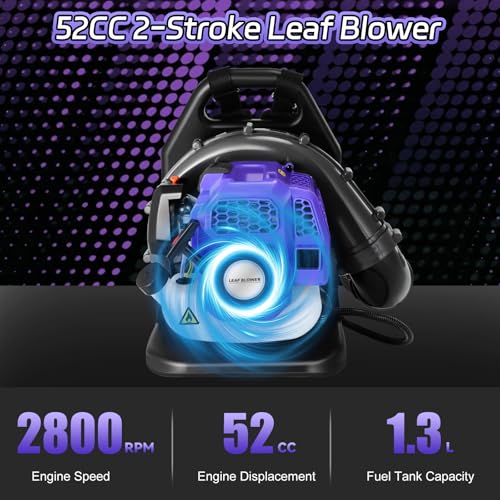 52CC Backpack Gas Leaf Blower, 720 CFM, 230 MPH 2-Stroke Blower with Adjustable Speed, Low Noise, and Ergonomic Design for Lawn, Yard, Garden & Commercial Use-Purple
