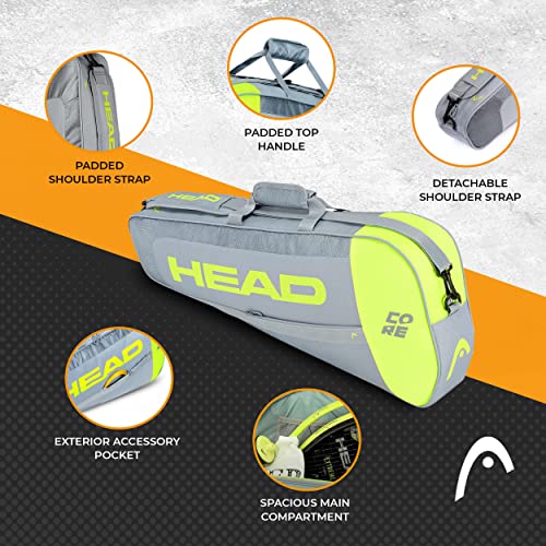 HEAD Core 3R Pro Tennis Racquet Bag, Holds 3 Racquets, Adjustable Strap, Grey/Yellow