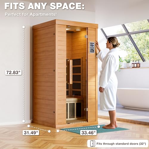 Saunapro 1- Person Infrared Sauna, Remotely Controllable Indoor Sauna, Low EMF 1200W/120V LCD Heater, WiFi & BT Control, 9-Color Light Therapy, Safe Flame-Retardant Material, Wood