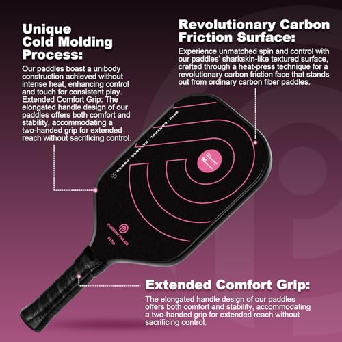 Pickleball Paddles 2025,Raw Carbon Fiber Surface（CFS） 16mm T700 High Grit & Spin, V6 Pro Pickle Ball Paddles Designed for Ultimate Spin & Consistency- Cute Pickleball Paddle (Black & Pink)