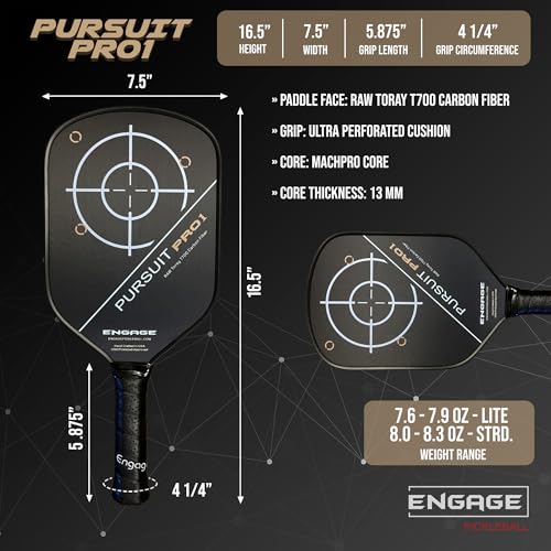 Engage Pursuit Pro1 Pickleball Paddle - Raw Carbon Fiber for Extreme Spin - MachPro Core for Maximum Power & Control, Standard Weight (8.0-8.3 Ounce)