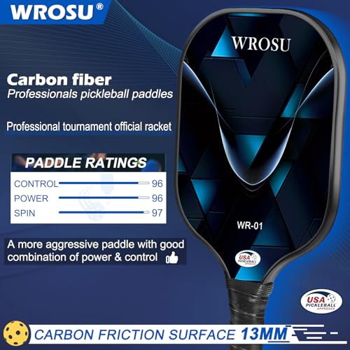 WROSU Pickleball Paddles Set of 4 Carbon Fiber | 2024 USAPA Approved Equipment W/Accessories | Core Carbon Fiber Pickleball Racquet | Have Traction and Stability | for Friends
