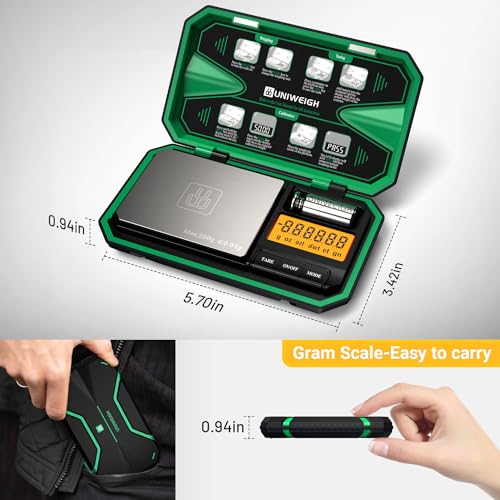 UNIWEIGH Digital Pocket Scale Precision 200g/0.01g, Digital Scale Grams Ounces, Mini Jewelry Scale, Coins Scale with 50g Cal Weights for Gold/Silver/Gems/Food,(Battery Included)-Green