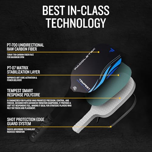 Paddletek Tempest Wave PRO-C 14.3mm - USAPA Approved Pickleball Paddles with Polymer Honeycomb Core - PT-700 Unidirectional Carbon Fiber – Torsional Weighting & High Tack Performance Grip