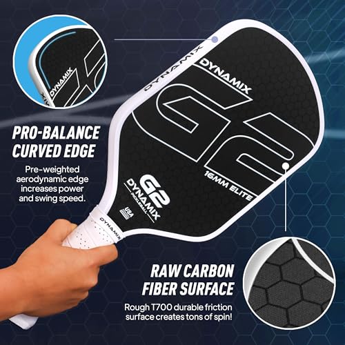 Pickleball Paddles, Carbon Fiber Pickleball Paddle, G2 (Gen2) 16mm USAPA Raw Carbon Pickleball Racket, Pro-Grade Thermoformed Pickle Ball Paddle for Control, Power, Spin by Dynamix (White, White Edge)