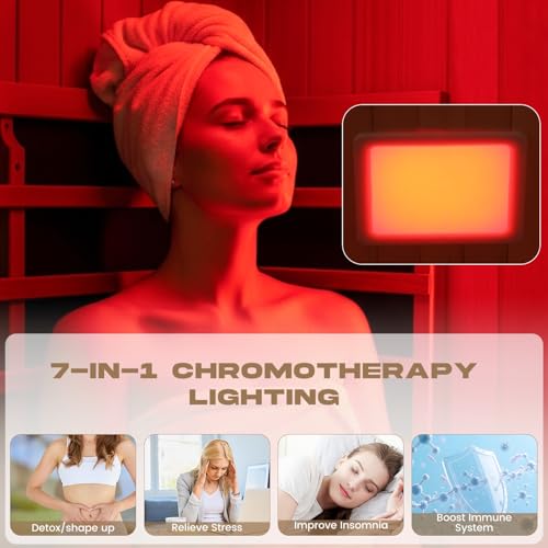 BNEHS Full Spectrum Infrared Sauna, 2 Person Wooden Sauna for Home, Indoor Dry Saunas with 5 Carbon Panels and 1 Carbon Tube, Oxygen Bar and 7 Color Light Strips, Canadian Hemlock,110V