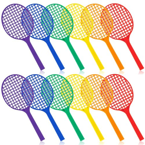 Seenelling 12 Pcs Colorful Plastic Tennis Racquets Sets PE Equipment for Elementary School Physical Education Classes, Tennis Party Decorations Equipment Assorted Colors (18.9 x 8.1 Inches)