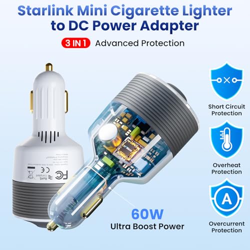 STARGEAR Starlink Mini Car Adapter 12V to 24V DC Step Up Converter with 60W Car Cigarette Lighter Adapter, Starlink Mini 12V Adapters Supports 16 AWG Official 30M, Ideal for RV, Boat, Trailer