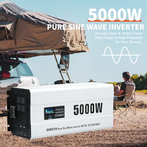 OUBOTEK 5000 Watts Power Inverter Peak 10KW, Pure Sine Wave 12V DC to 120V AC Off Grid Solar Inverter with Wireless Remote Control LCD Display 4 AC Outlets Hardwire Terminal for Home RV Camping