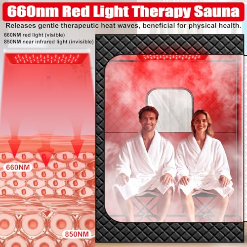 2 Person Infrared Sauna Box for Home, Portable Steam Sauna Room with 660nm+850nm Red Light Therapy Lamp, 5-Layer Waterproof, 2 Steamers, 2 Folding Chair, 2 People Red Light Sauna