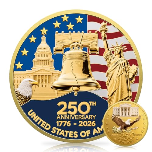 Upgrade 1.77-inch 250th Anniversary Commemorative Coins - Golden American Flag & Liberty Bell Design Collectible Coins, Durable Metal Anniversary Coins for Display, Collectors & Gift Idea (L-1PCS)