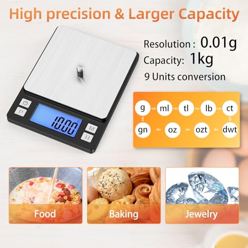 BOMATA Professional Jewelry Scale, 1kgx0.01g High Precision Digital Pocket Scale with Multiple Functions (Tare, Hold, Counting...), Ideal for Coin, Gold, Gemstones, Black
